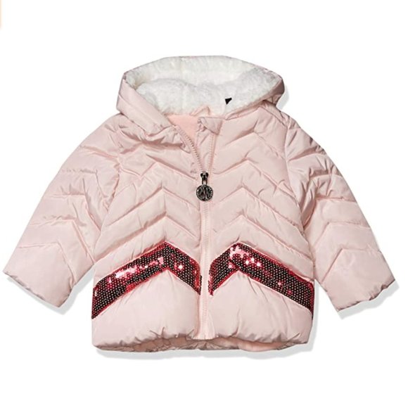 NEW DKNY Baby Girl Puffer Fleece Lined Jacket Sherpa Hood Pink Sequin Chevron - Picture 1 of 12